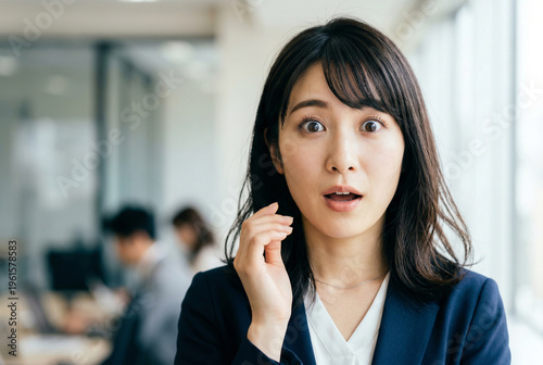 Fototapeta kuchenna オフィスで目を見開いて驚く日本人女性 ビジネスウーマン 驚愕 サプライズ Generative AI