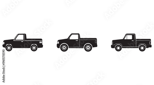 Three black pickup trucks in different angles side view  isolated on white background