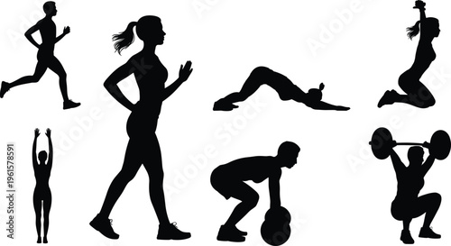Silhouette vector illustration of diverse fitness activities including running, walking, weightlifting, jumping, stretching, and exercising for healthy lifestyle