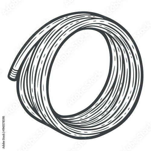 A coiled, rubber hose, gardening tool, safety firefighter equipment, lines, hand-drawn, black and white, graphic illustration, engraving isolated
