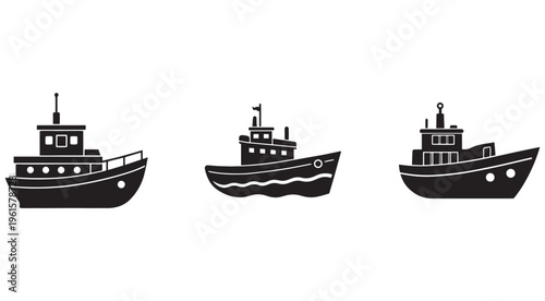 Three black silhouette boats with white details on white background  various vessel designs for transport and travel