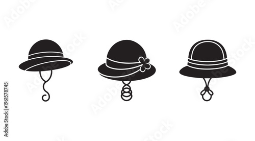 Three black silhouette bucket hats with chin straps and white outlines one with flower decoration on white background  simple minimalist fashion accessories