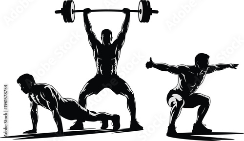 Silhouette vector illustration of muscular athletes performing push‑ups, weightlifting, and squats representing strength training, fitness, and healthy lifestyle
