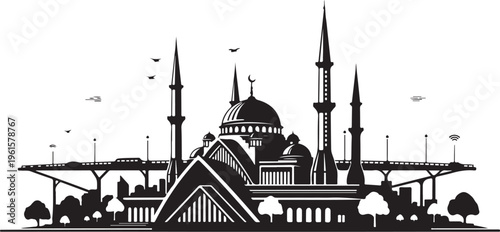 Mosque Silhouette with Minarets and Domes at Dusk