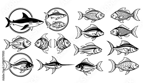 Black White Fish Symbols Shark Emblem Decorative Vector Set