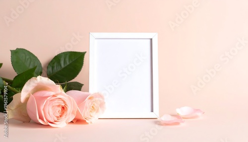 Elegant Pink Roses and Blank Photo Frame on Soft Peach Background.