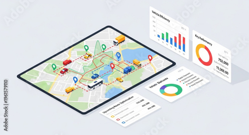 Isometric Tablet Displaying Real-Time Vehicle Tracking and Data Analytics.