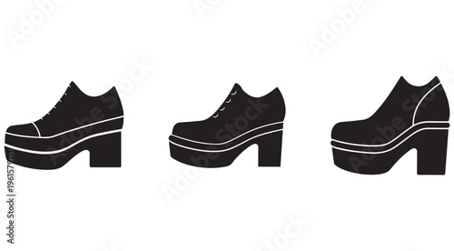 Three black silhouettes of platform shoes with white outlines on white background