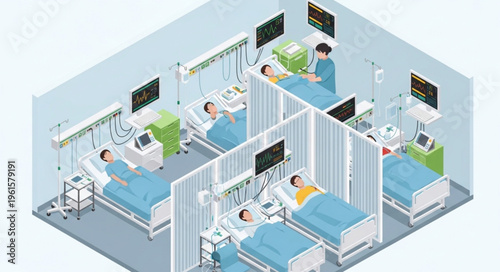 Hospital Intensive Care Unit with Patients and Medical Staff.