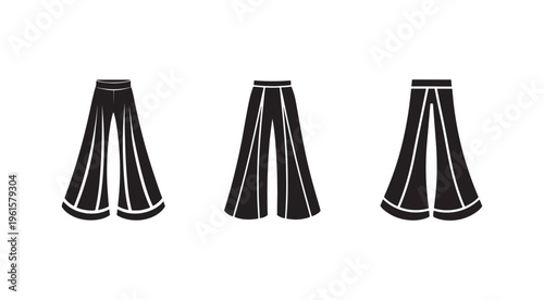 Three black skirt silhouettes with white lines isolated on white background  fashion design elements for clothing and textiles
