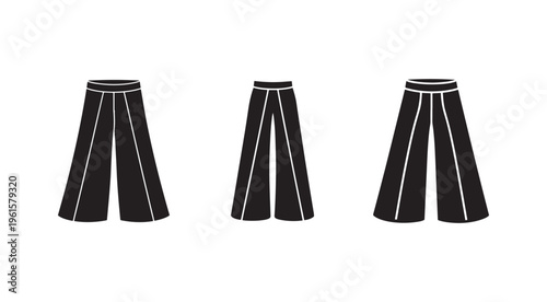 Three black skirts with white lines  illustration of flared pants  fashion design elements  isolated on white background