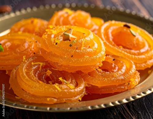 Closeup view of famous sweet jalebi dessert on a plate