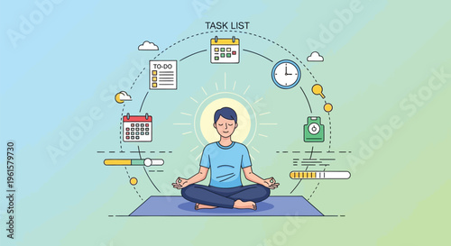 Meditating man, mindfulness icons, task list, productivity concept, vector illustration