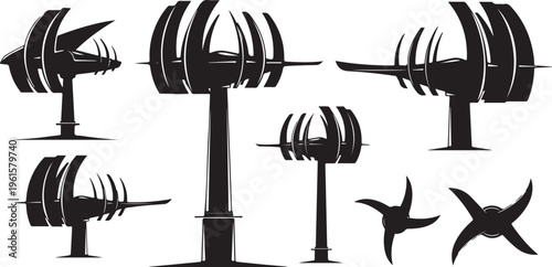 Black silhouettes of various helicopter rotor blades and hubs