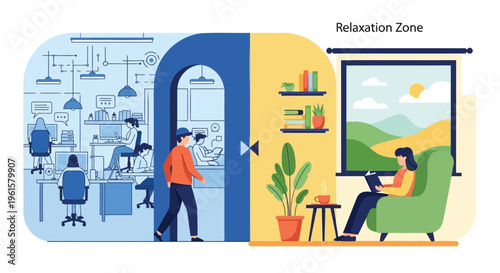 Relaxation zone, peaceful workspace, calm environment, office contrast
