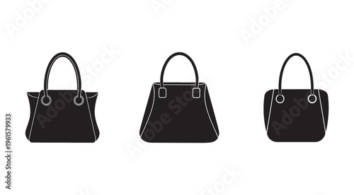 Three different styles of womens handbags with handles and white outlines on a plain white background for fashion and accessory designs