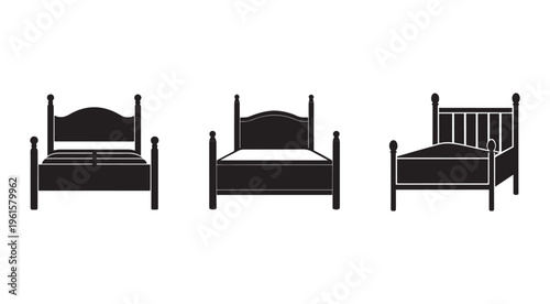 Three different types of beds with various headboards and frames in black silhouette on a white background