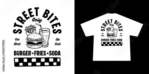 Retro Poster illustration of burger fries and soda Graphic Design for T shirt streetwear and urban style	