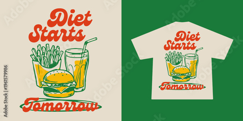 Retro Poster illustration of burger fries and soda Graphic Design for T shirt streetwear and urban style	