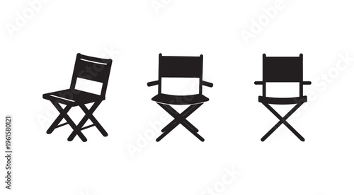 Three director chairs in different positions isolated on white background  black folding chairs with backrests and armrests