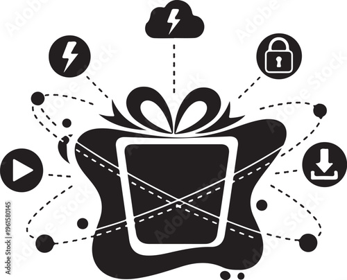 Secure digital gift box with icons and symbols