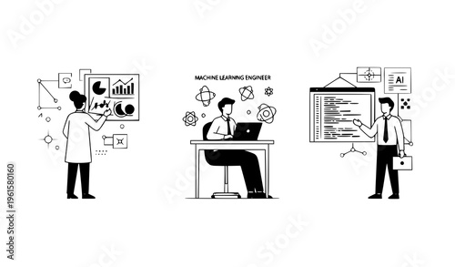 AI careers abstract vector set with data scientist machine learning engineer and artificial intelligence architect technology scenes
