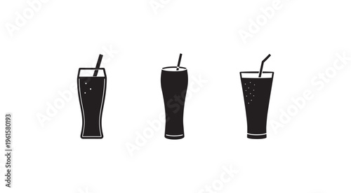 Three glasses of soda with straws  cold drinks  refreshing beverages  dark liquid
