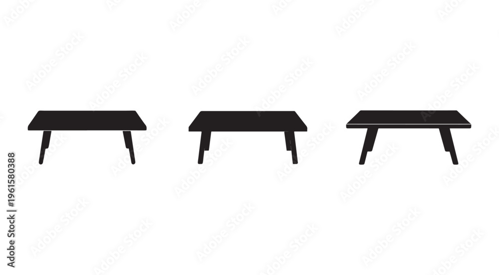 Fototapeta premium Three modern minimalist coffee tables with simple clean lines and angled legs in a row on white background furniture design elements