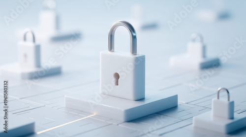 Digital Fortress: A secure digital landscape comes alive, with gleaming padlocks poised, forming a visual testament to robust security and data protection.