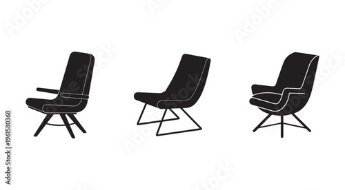 Three modern chair designs with varying angles and armrests on white background  furniture illustration