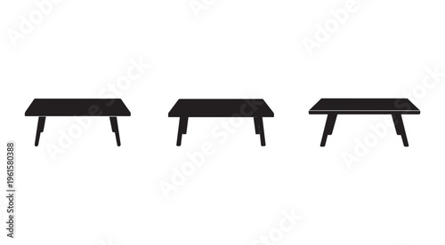 Three modern minimalist coffee tables with simple clean lines and angled legs in a row on white background  furniture design elements