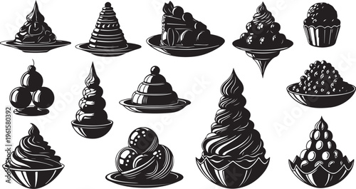 Black and white illustration of various desserts