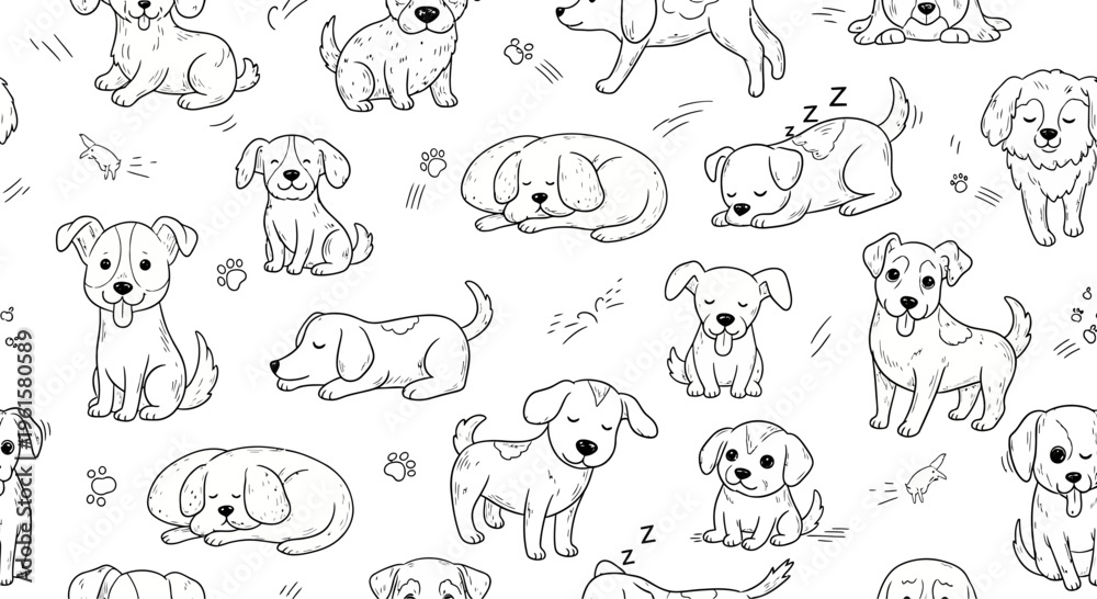 Obraz premium Cute Dog Doodles Pattern, Hand-Drawn Puppy Illustrations, Seamless Background