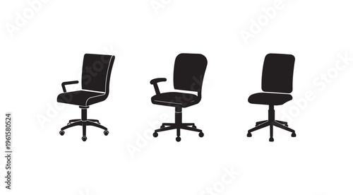 Three office chairs on wheels in different positions and angles for furniture design and interior decoration concepts  office furniture