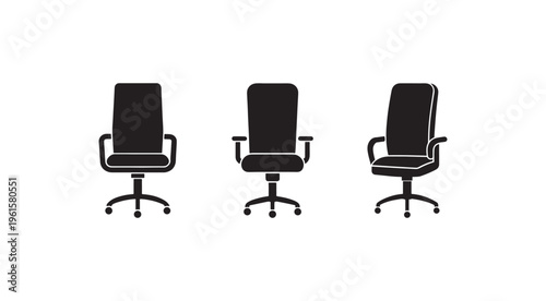 Three office chairs with different reclining positions on white background  modern ergonomic furniture design for workspace comfort and relaxation