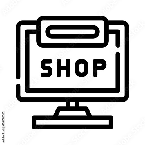Black shop icon with computer screen for online shopping. Perfect for e commerce websites, online stores, digital marketing materials, and technology graphics.

