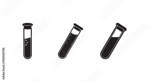 Three test tubes with dark liquid and bubbles  laboratory equipment for science experiments and chemical analysis  various angles