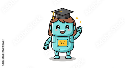 Cute Robot Graduation Cap Waving Hand Cartoon Character
