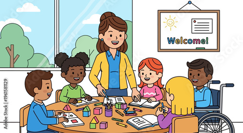 Diverse classroom with teacher and children, including one in a wheelchair, learning and playing