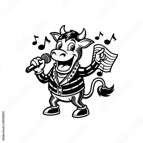 A cartoon cow wearing a striped shirt and jacket, singing into a microphone while holding sheet music.