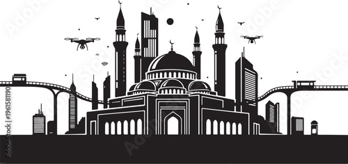 Mosque Cityscape Silhouette with Modern Architecture and Transportation
