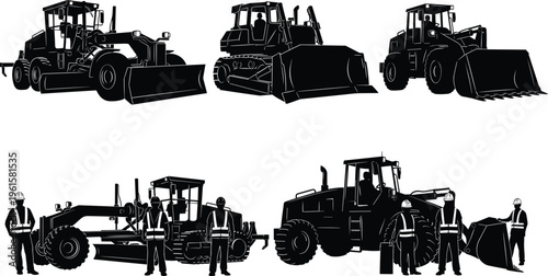Silhouettes of construction vehicles including motor grader, bulldozer, and front-end loader with workers in safety gear, symbolizing teamwork, machinery, and industrial labor at construction site.