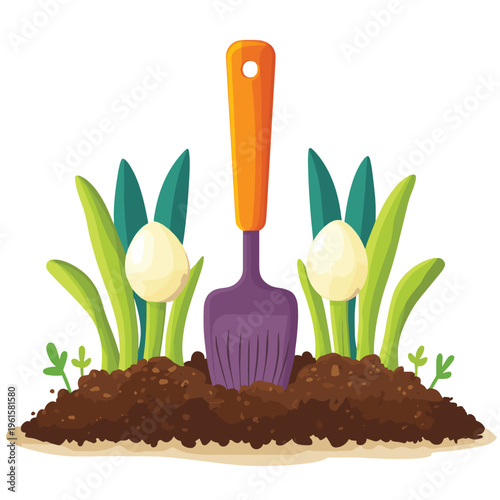 Colorful garden bulbs on soil with trowel, planting concept , vector style simple color