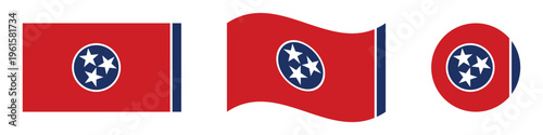 Tennessee State Flag Collection Flat, Waving, and Round Circle Vector Illustration.