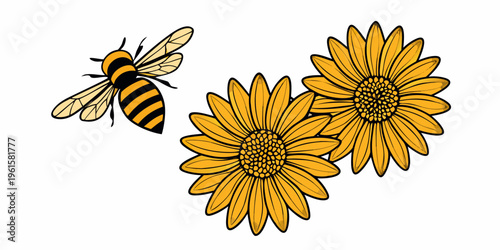 A bee flies near two vibrant yellow sunflowers in a simple illustration