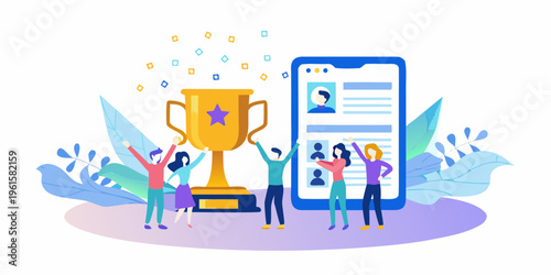 Team celebrates success with a trophy displayed on a smartphone screen