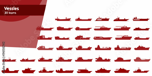Collection of red ship silhouettes arranged in rows labeled vessels