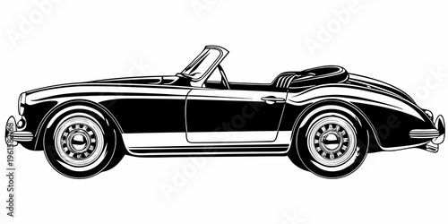 A classic black and white illustration of a vintage convertible sports car