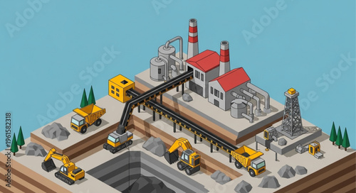 Isometric Mining Operation with Heavy Machinery and Processing Plant.