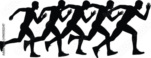 Black silhouettes of runner in multiple stride stages showing dynamic motion, athletic activity, fitness training, sports biomechanics, and healthy lifestyle concept